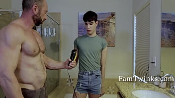 Stepson assists father in grooming his genitals in a taboo scenario